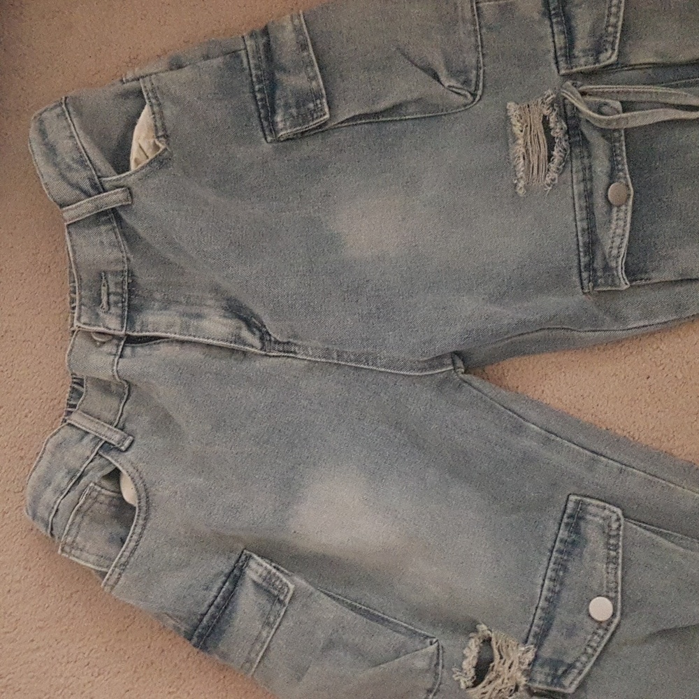 Light Blue Solid Ripped Make Old Patchwork Pocket High Waist Jeans